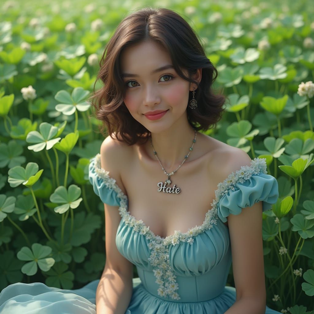 Woman in Clover Field Portrait, Hyperrealistic Art