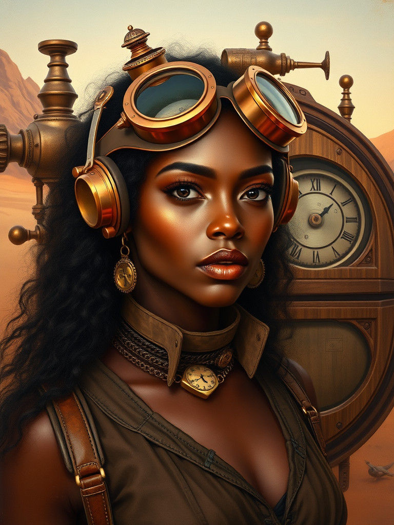 Steampunk Model in Desert Time Machine, Oil Painting Style