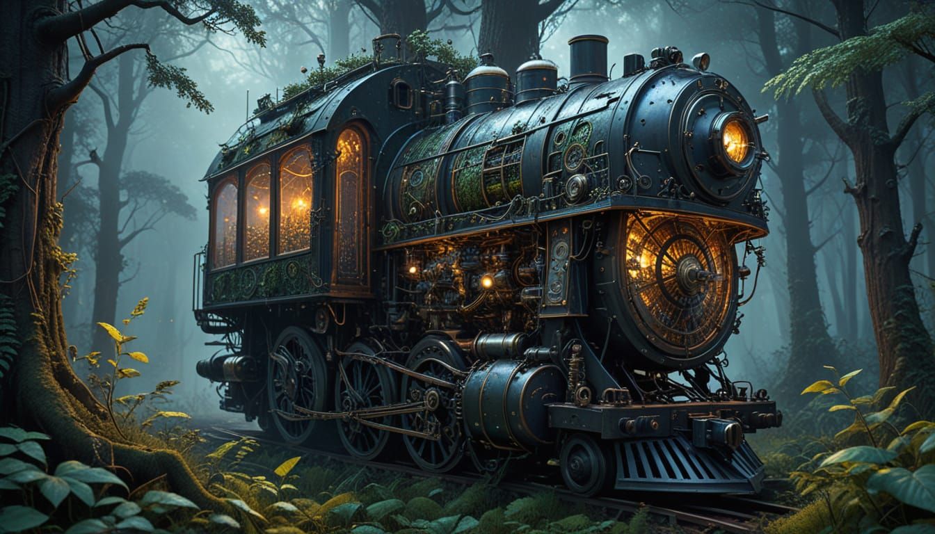 Surreal Treehouse Synthesizer in Holographic Steampunk Style