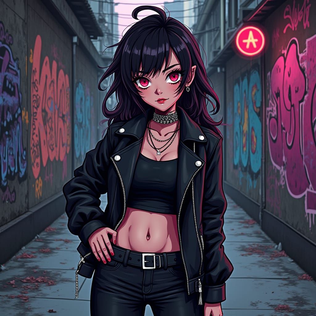 Gothic Teenager in Vibrant, Cartoon-Like Alleyway