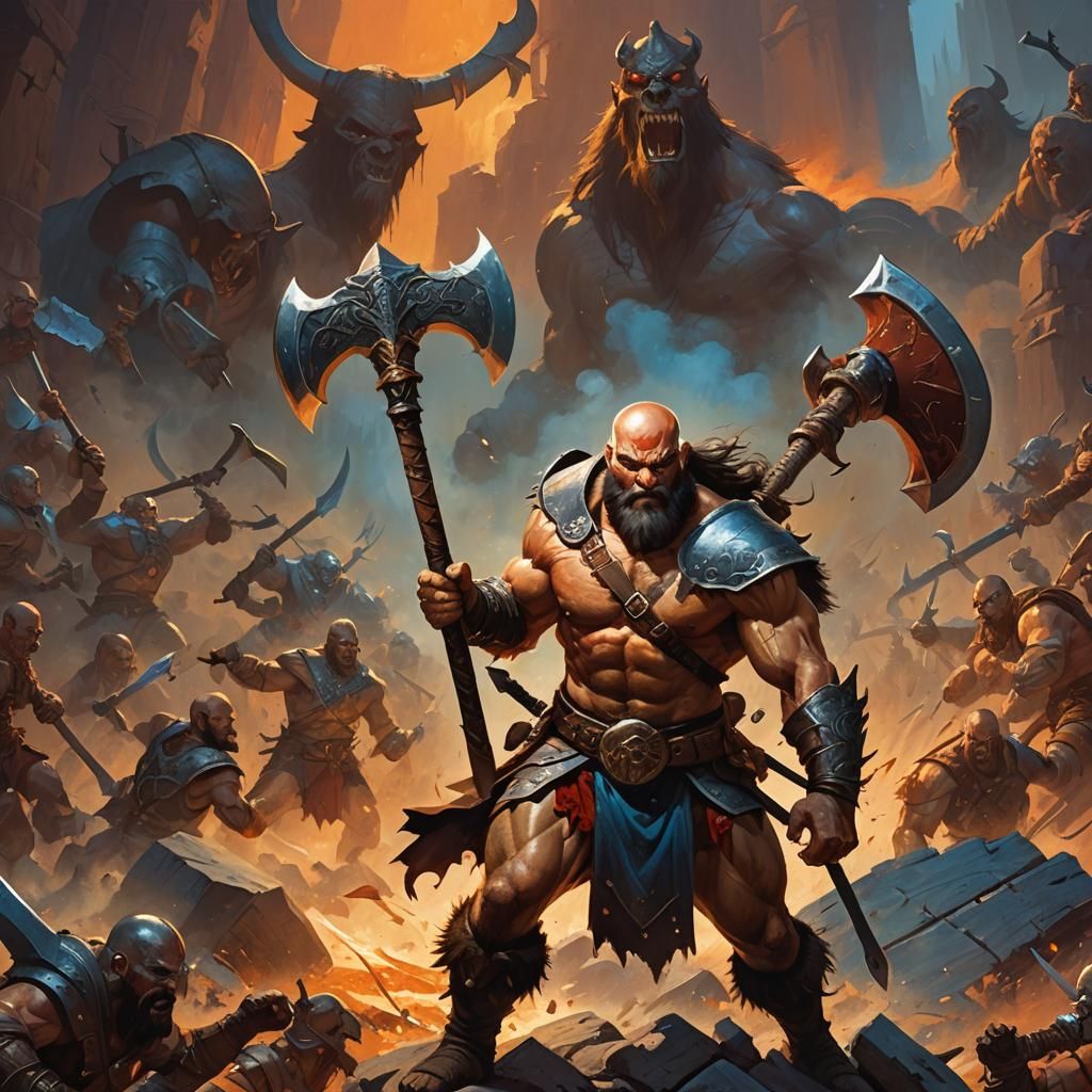 Heroic Bald Warrior with Axe in Oil Painting Style