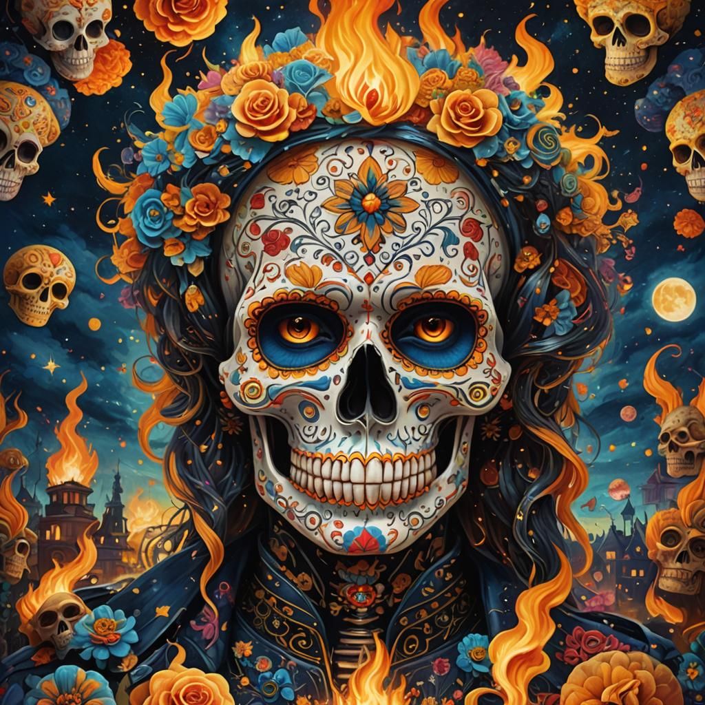 Flaming Sugar Skull in Starry Night Fantasy