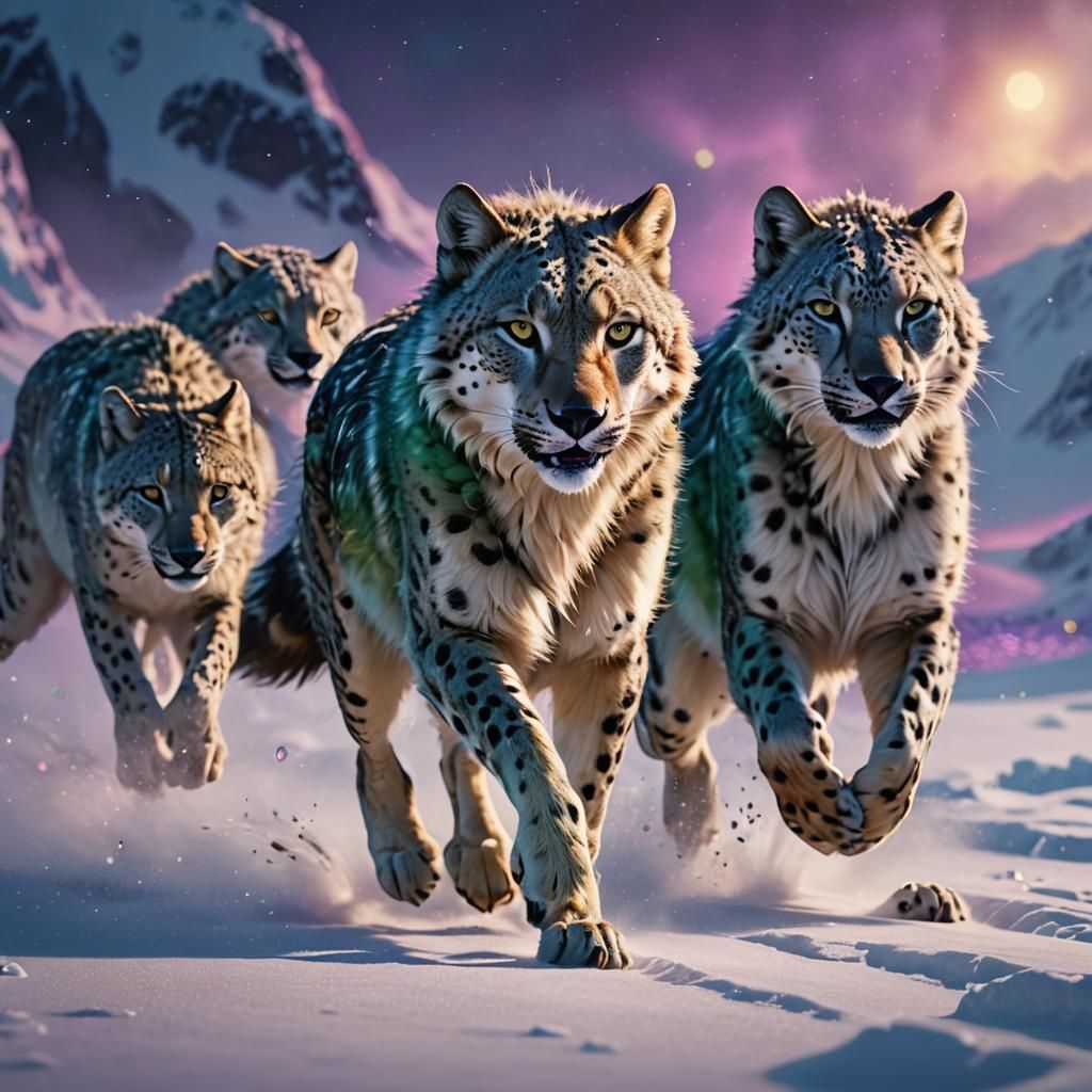 Wolf-Cheetah-Leopard Hybrid Runs Under Aurora: Fantasy Art