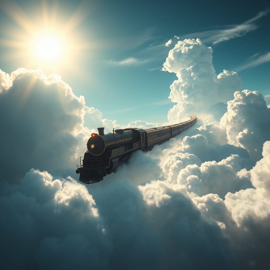 Majestic Train Soaring Through Cloudy Sky