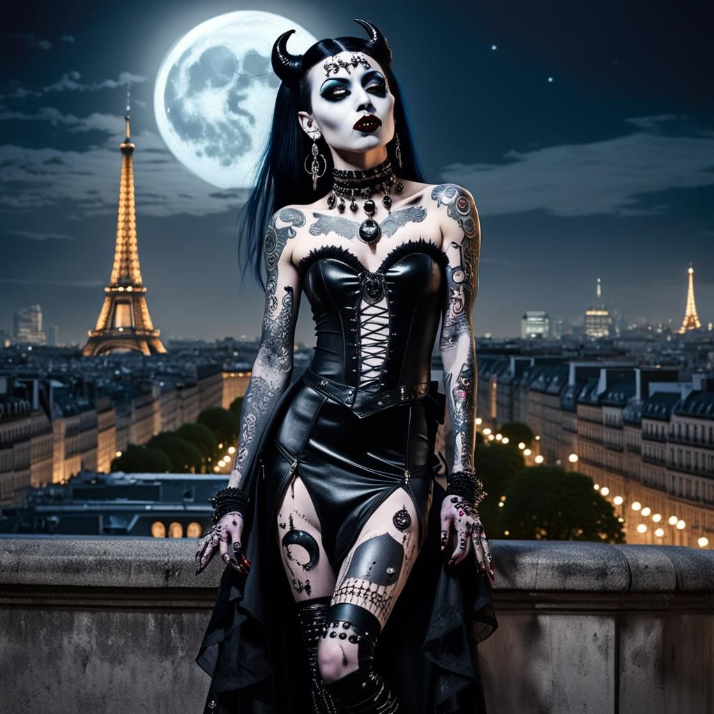 Nu Goth Vampiress in Paris, Detailed Matte Painting