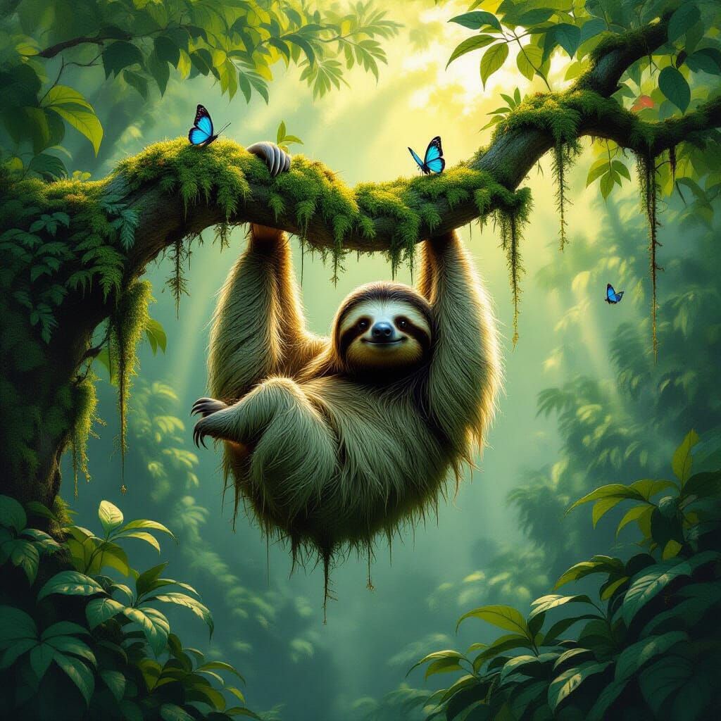 Sloth in Misty Rainforest with Butterflies
