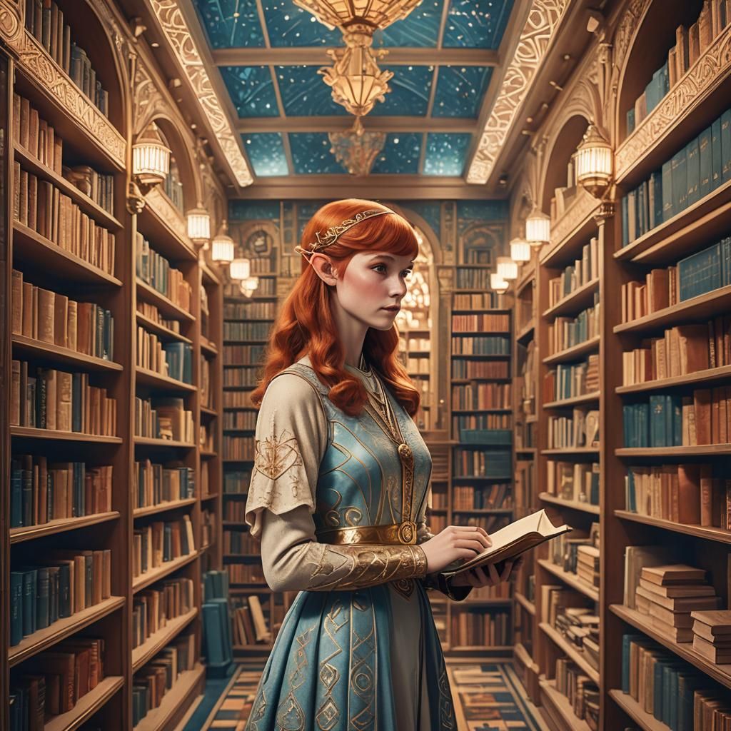 Ethereal Elf in Art Deco Bookstore