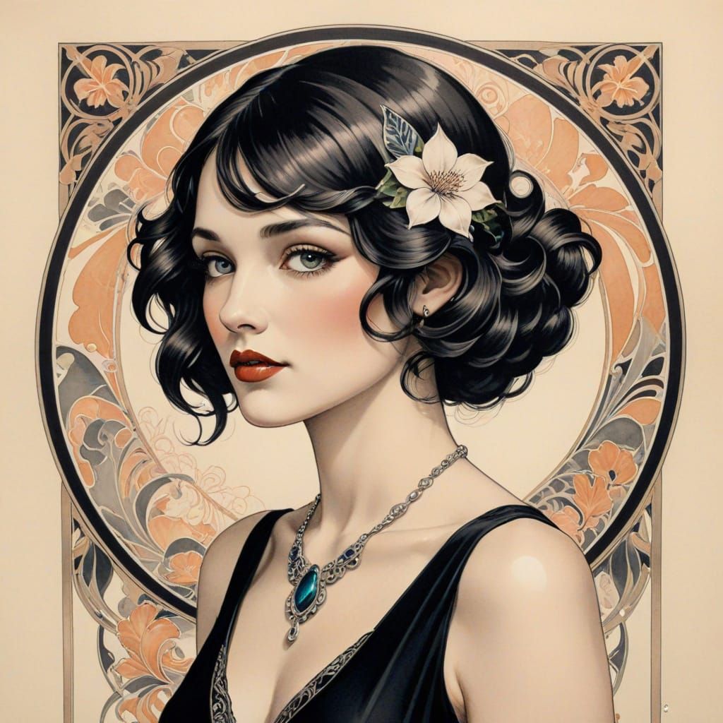 Elegant Art Nouveau Portrait in Ink