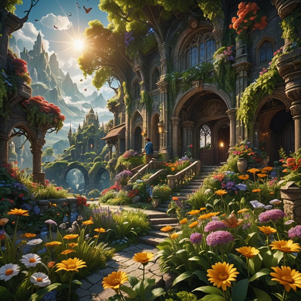 Lush Landscape with Smiling Person: Detailed Matte Painting