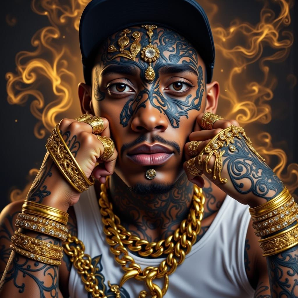 Charismatic Homeboy Portrait with Intricate Line Work and Go...