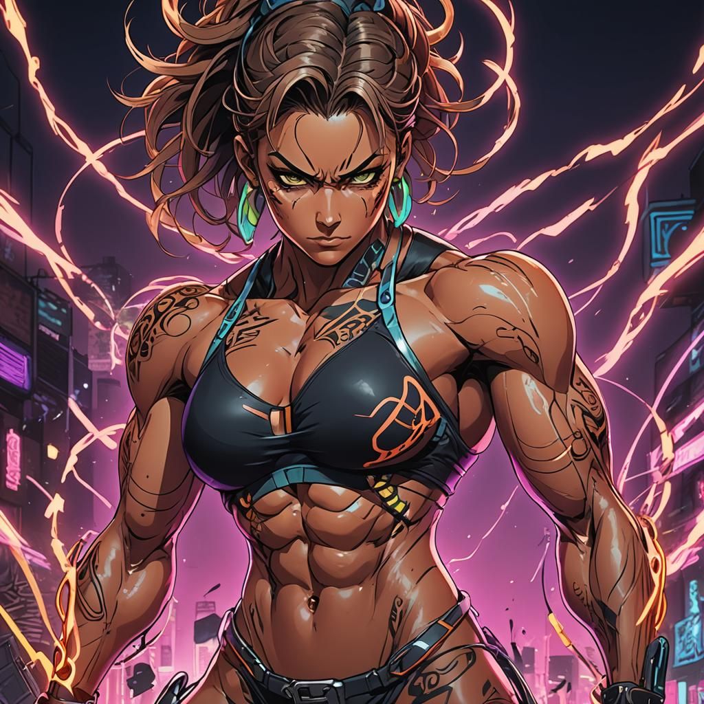 Tanned Woman Entangled in Neon: Anime Cel-Shaded Art