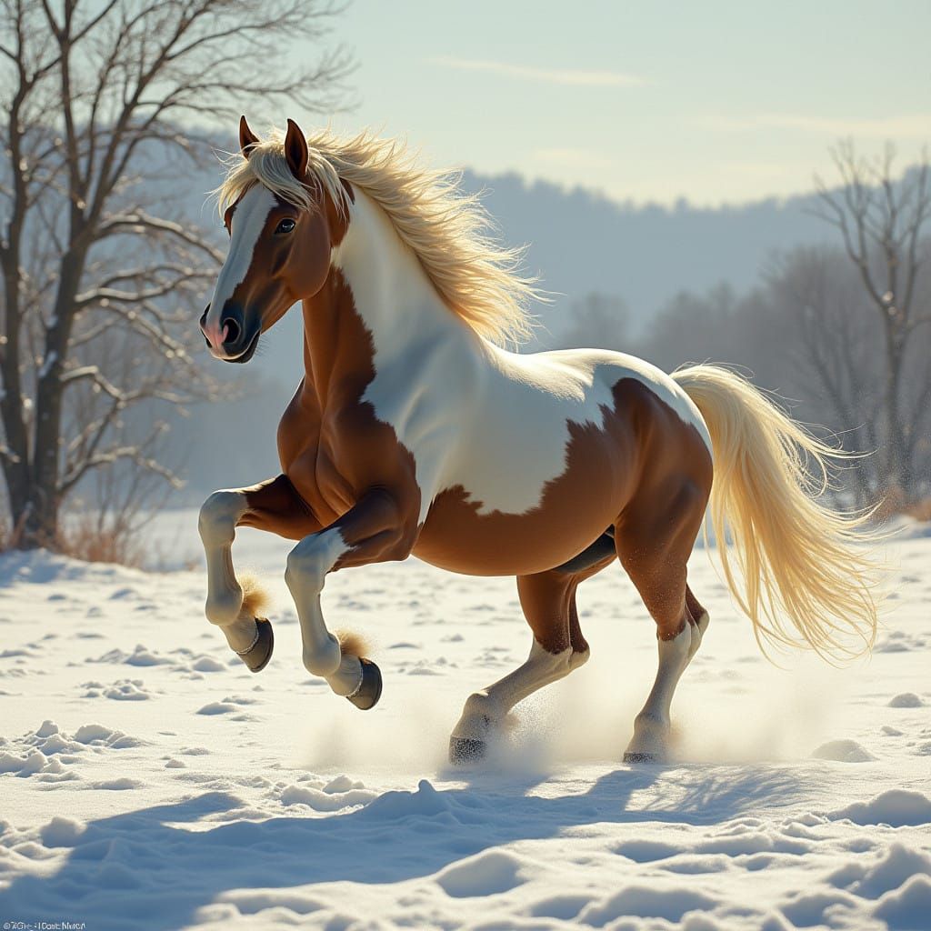 Winter Horse in a Snowy Landscape with Rolling Hills