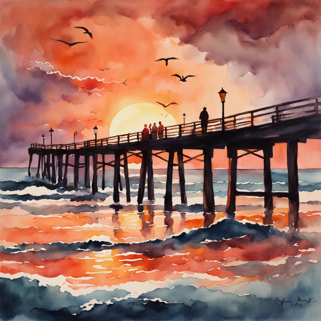Crimson Sunset Pier in Watercolor with Radiant Lighting