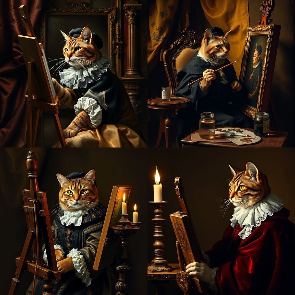 Baroque Feline Artist Paints Self-Portrait in Chiaroscuro