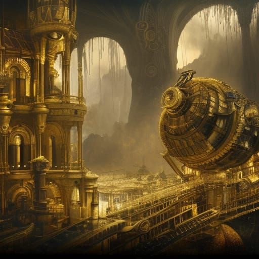 Golden Clockwork Mechanism in Digital Matte Style