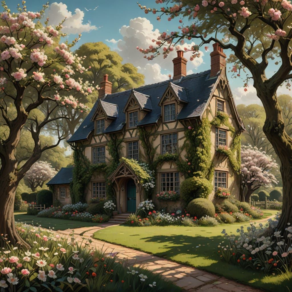 English Cottage in Blossoming Orchard