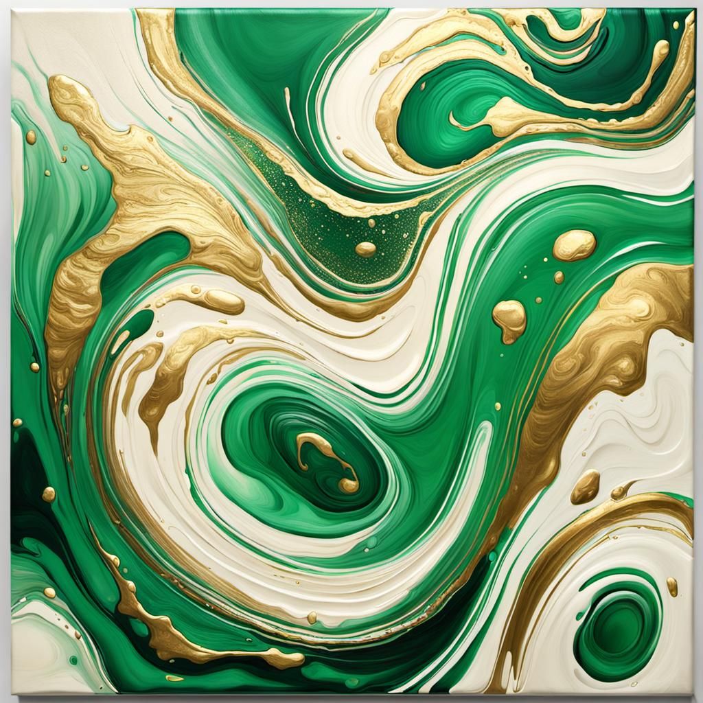 Metallic Green, Cream, and Gold Fluid Art