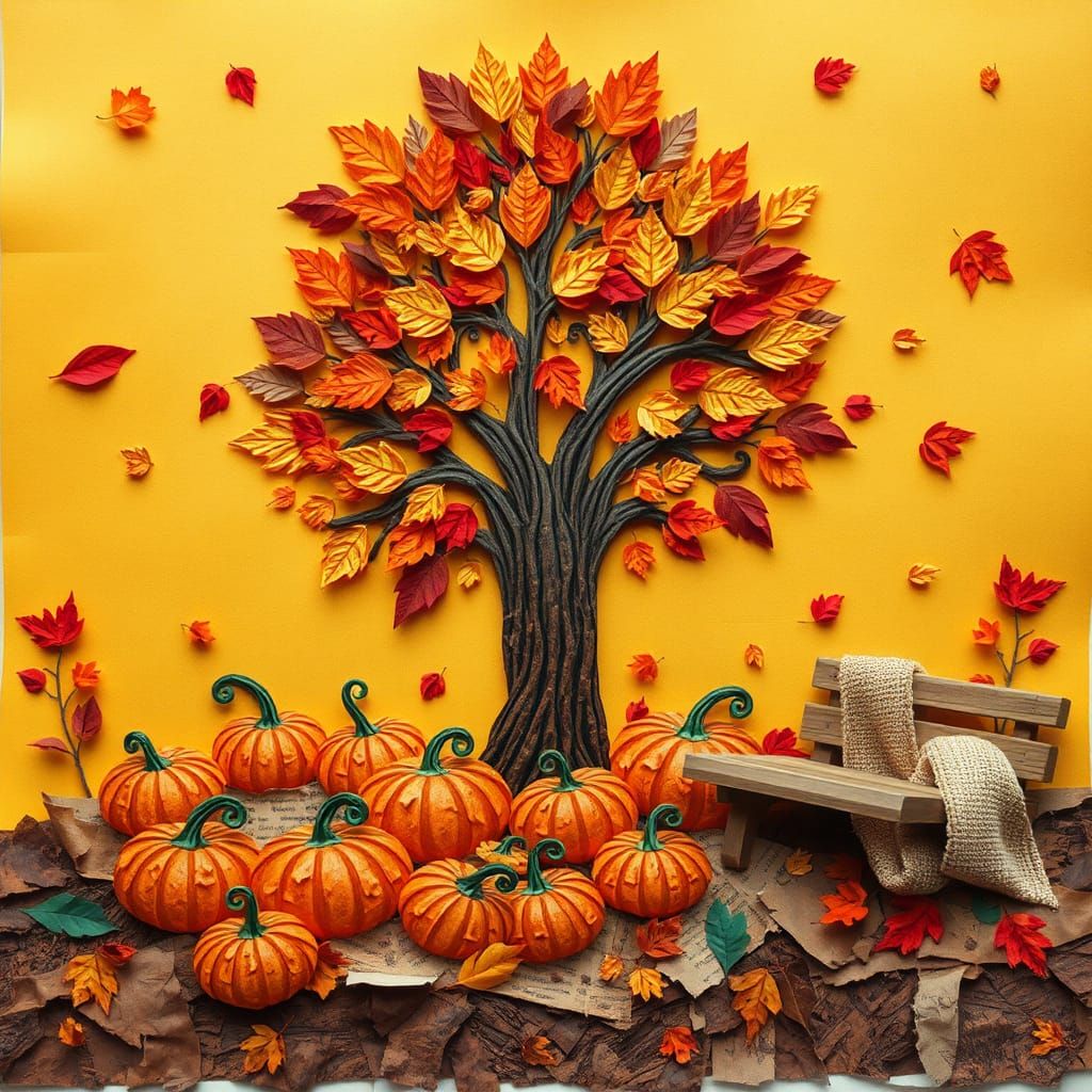 Autumn Paper Collage with Tree and Pumpkins