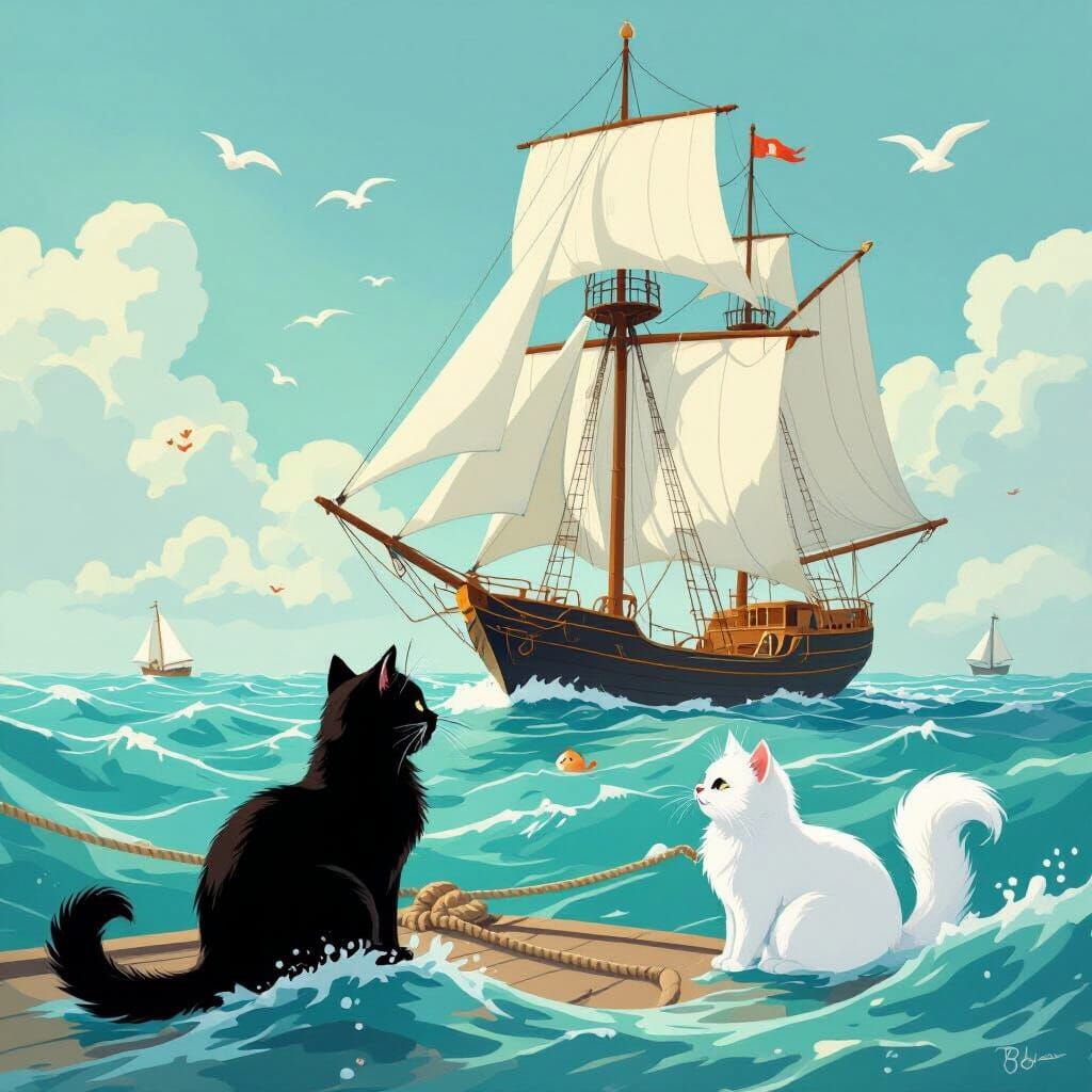 Whimsical Sailing Ship with Cats on a Turquoise Sea
