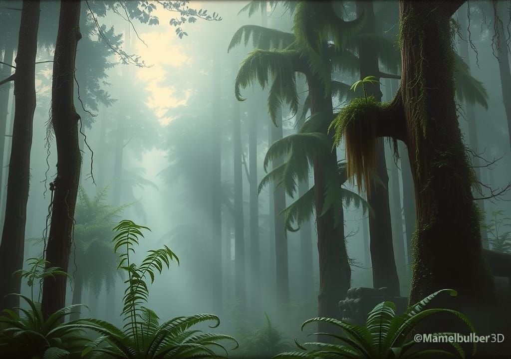 Misty Rainforest Clearing in Precisionist Style