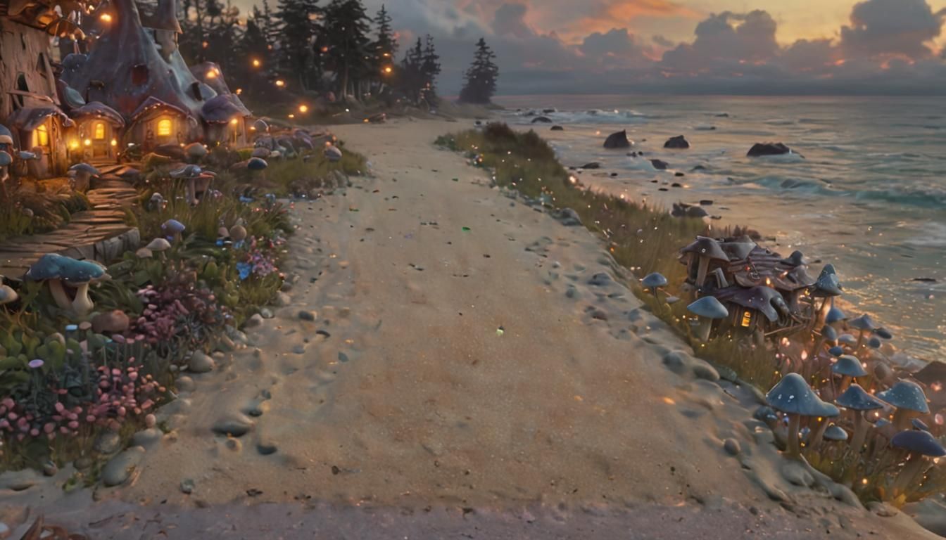 Magical Beach with Fairy Houses in Ethereal Style