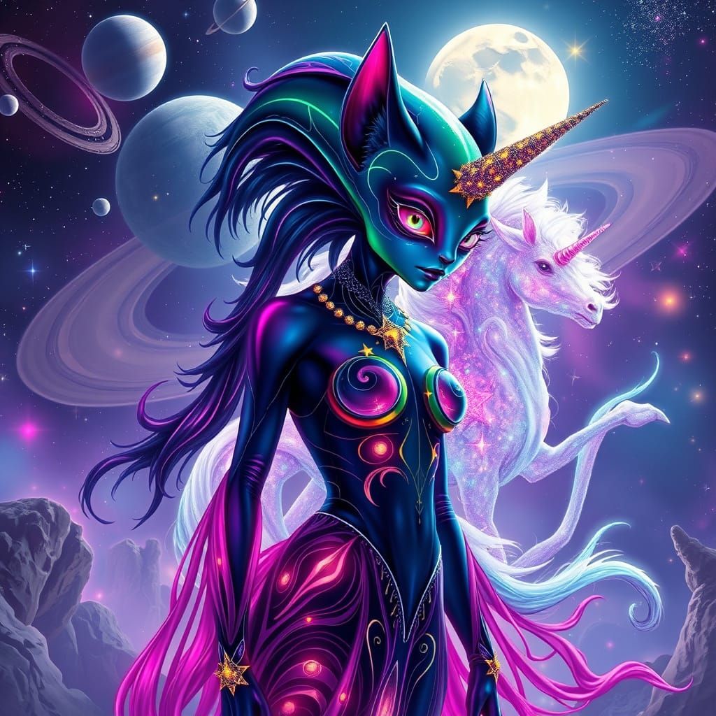 Cosmic Goddess in Neon Galaxy with Unicorn and Saturn