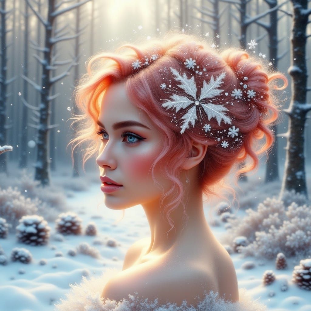 Glowing Woman in Rose Gold Hair Surrounded by Snowy Whispers