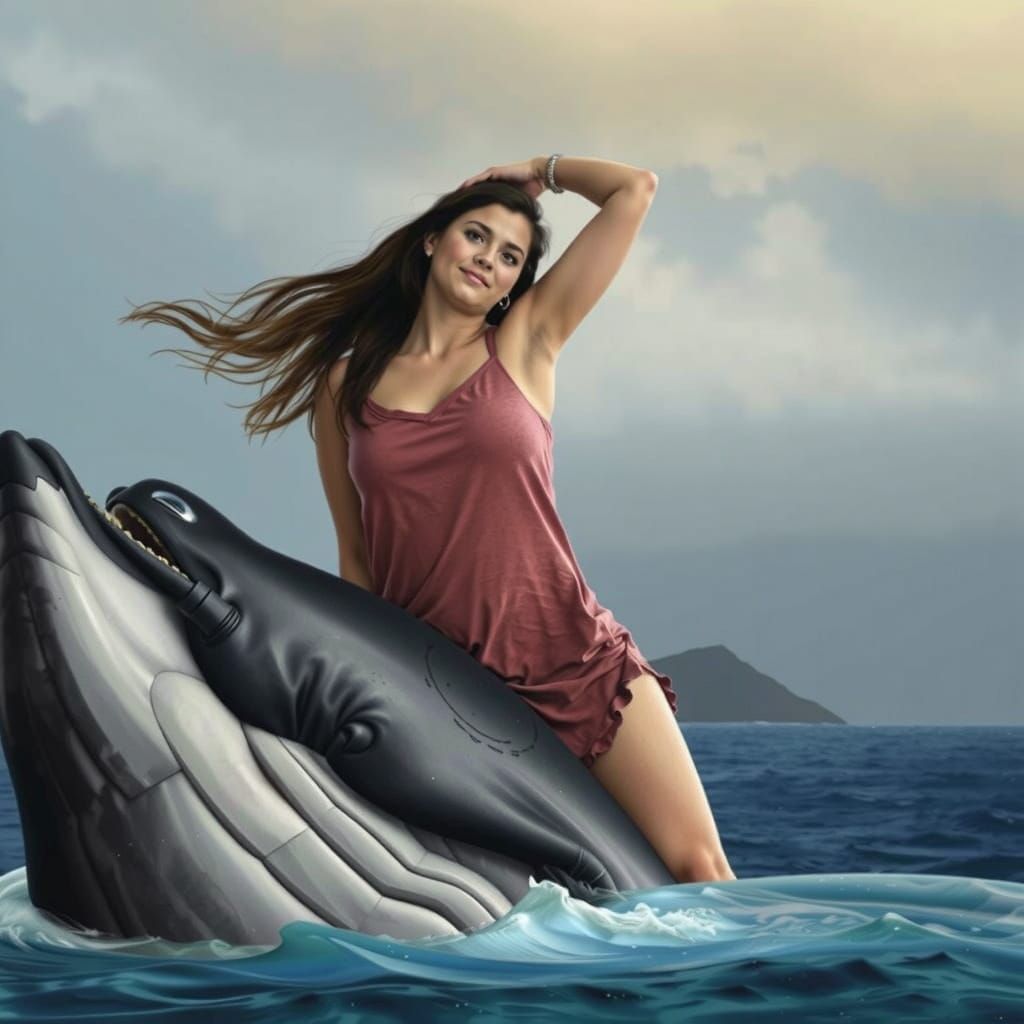 Woman Rides Humpback Whale in Moody Ocean Scene