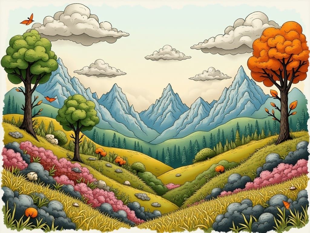 Sketchbook Fantasy Landscape in Mixed Media Style