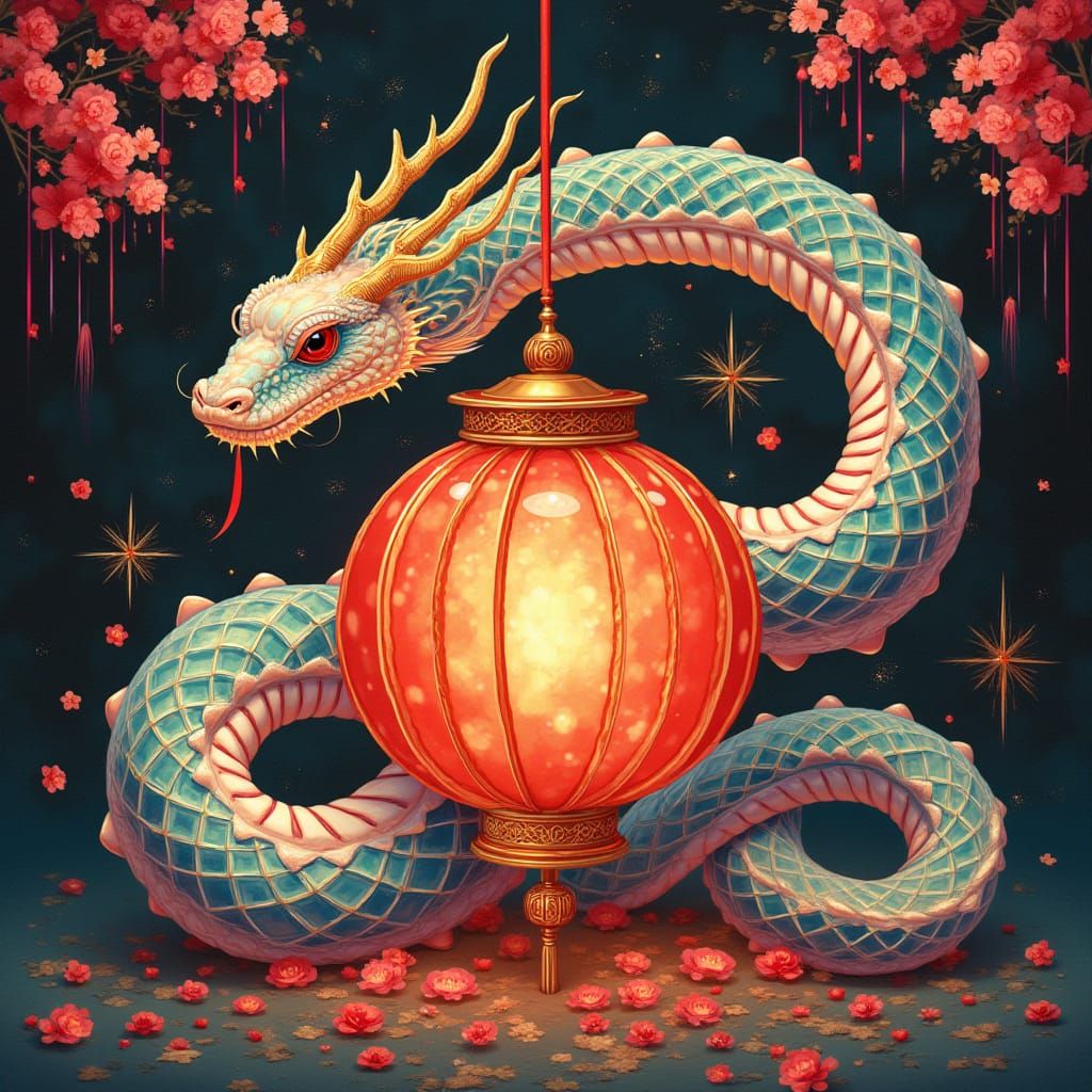 Majestic Snake in Whimsical Chinese New Year Scene
