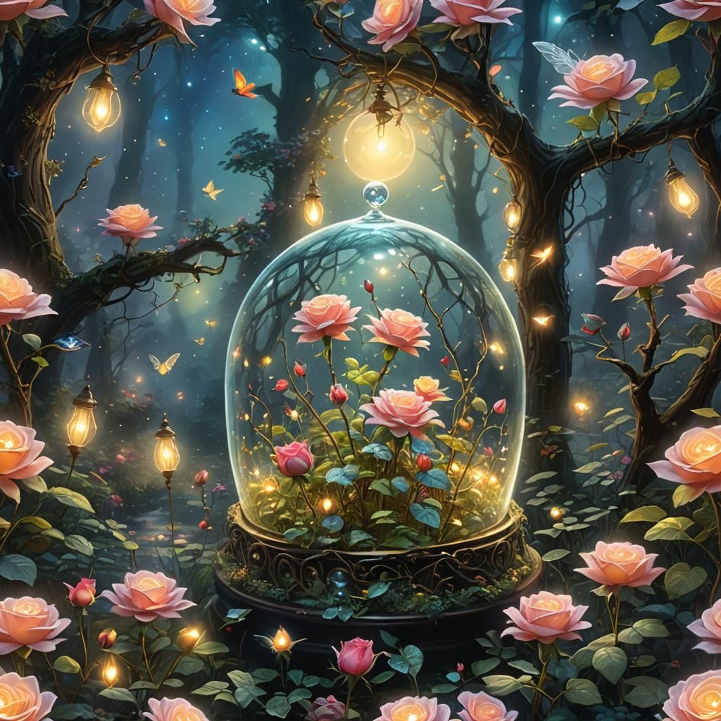 Illuminated Glass Rose in Fairy Forest, Ethereal Fantasy