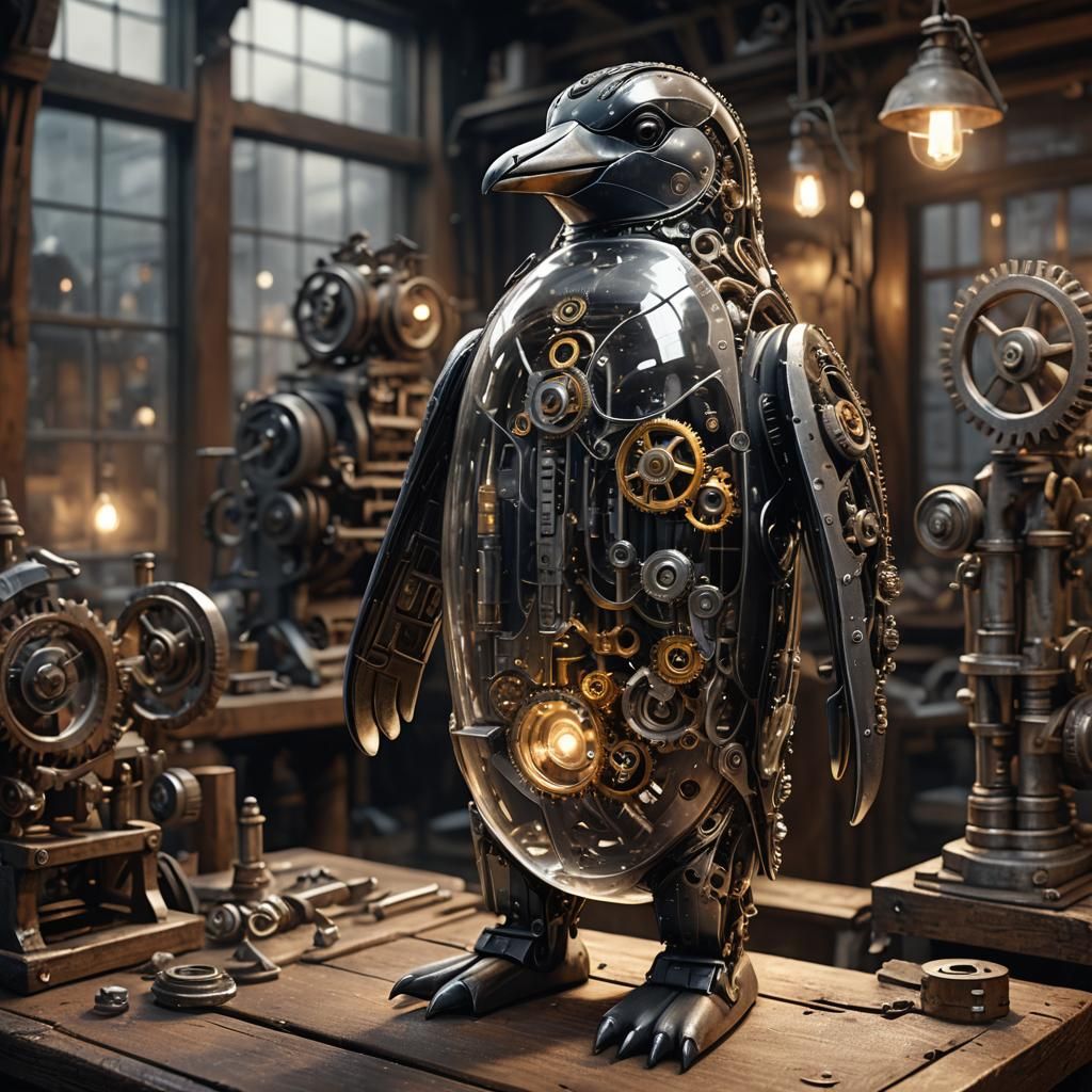 Steampunk Glass Penguin in Workshop: Matte Painting