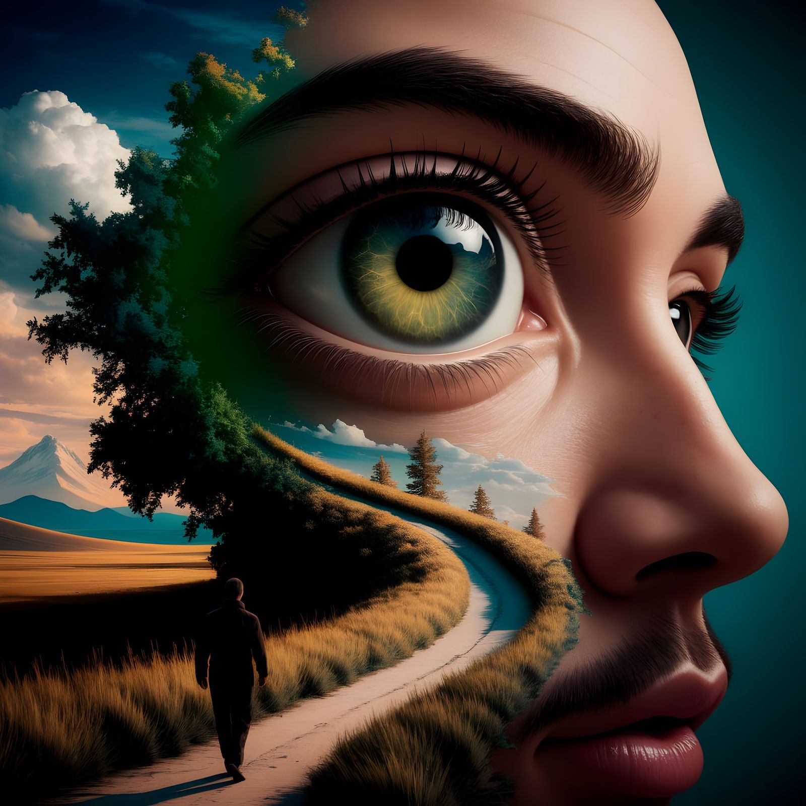 Realistic Portrait with Dreamlike Landscape