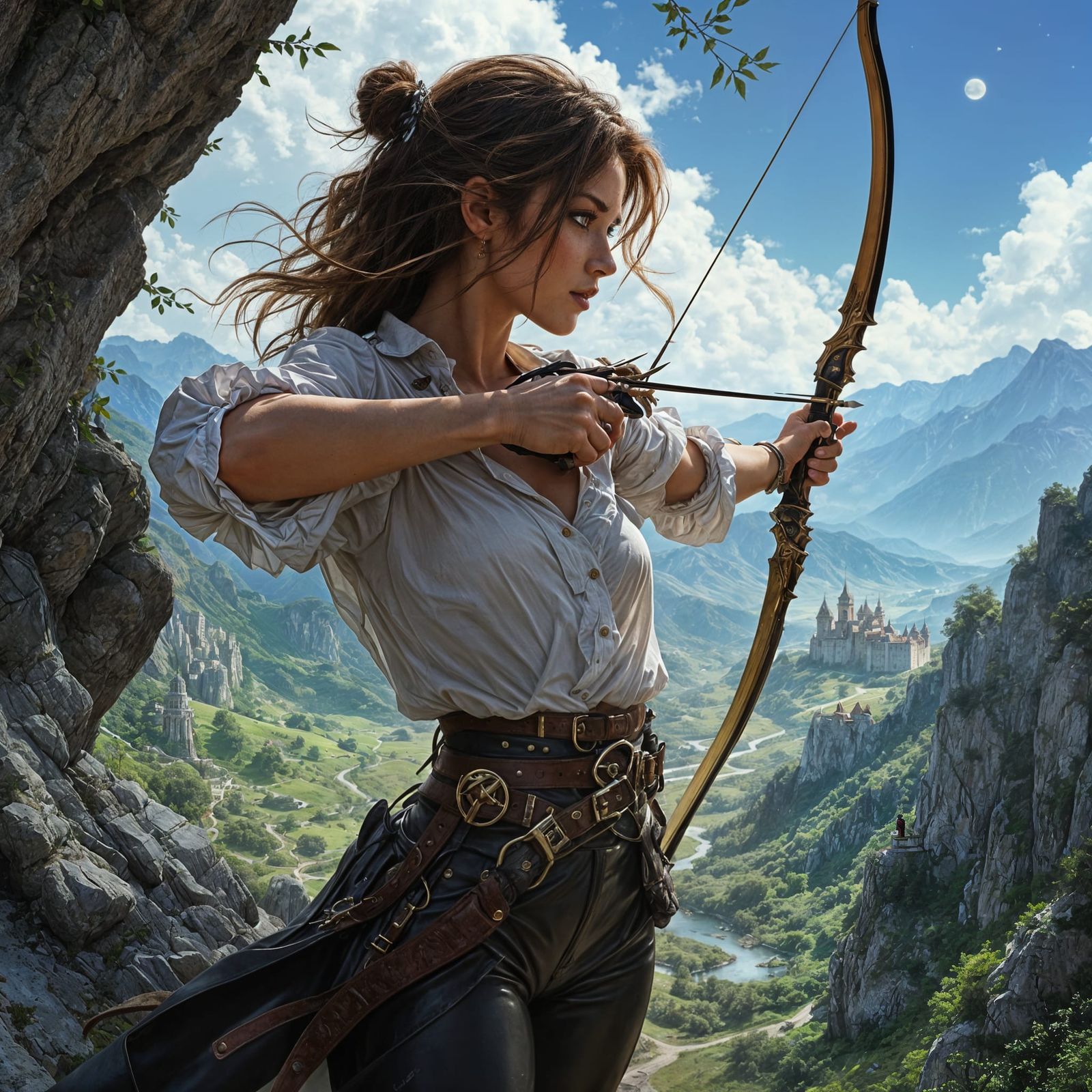 Fairy Tale Rogue Aims Bow at Guard Under Night Sky