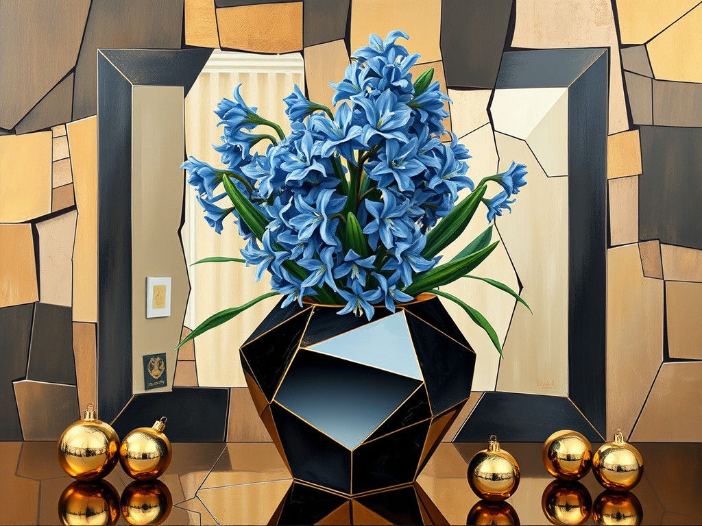 Maximalist Cubist Still Life with Hyacinth and Baubles