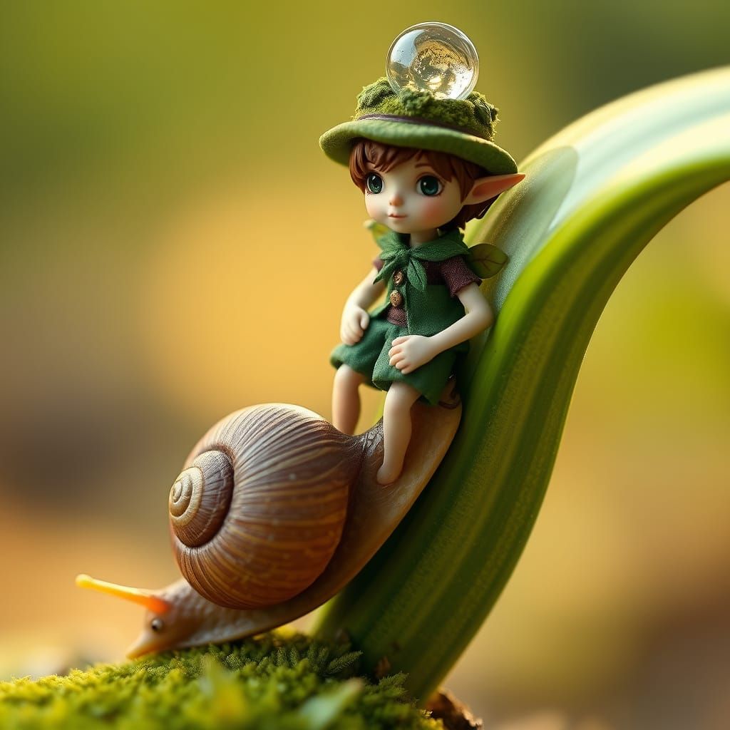 Magical Garden Scene with Miniature Forest Fairy and Snail i...