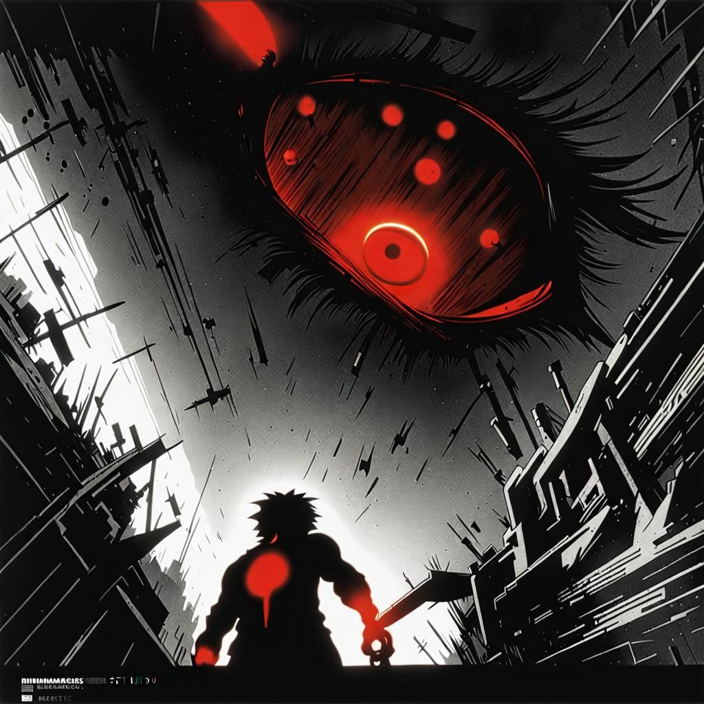 Intense Red-Eyed Figure in Gritty Anime Style