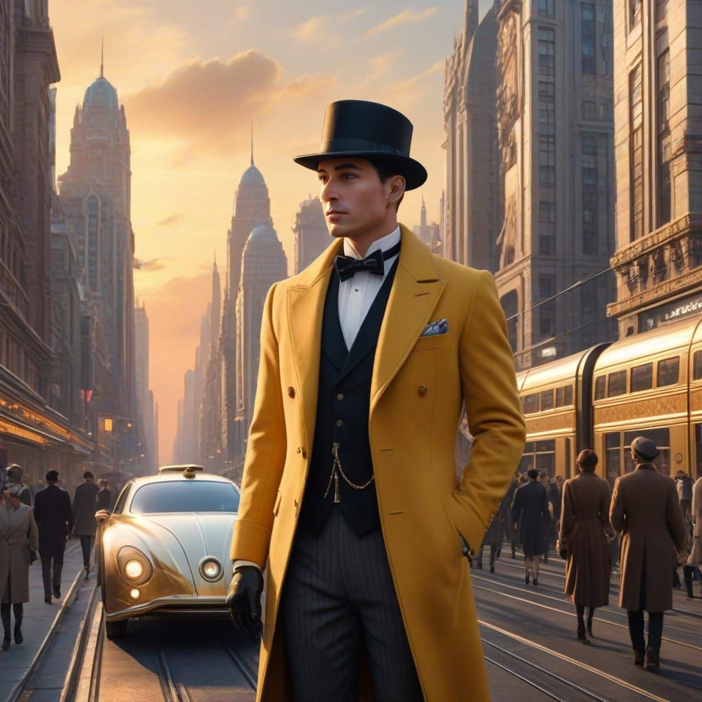 A Futuristic Art Deco Cityscape with Golden Trim and Flying....