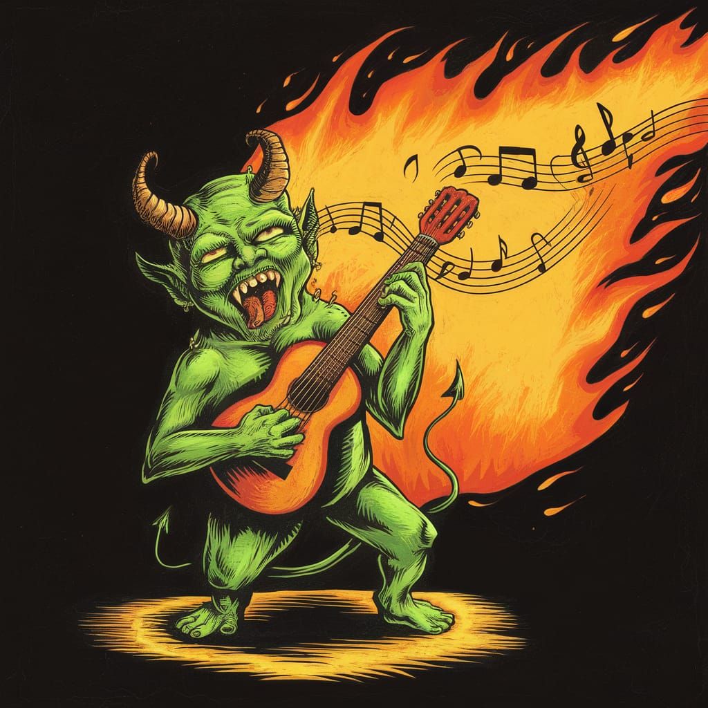 Fiery Demon Plays Guitar in Dark Abyss