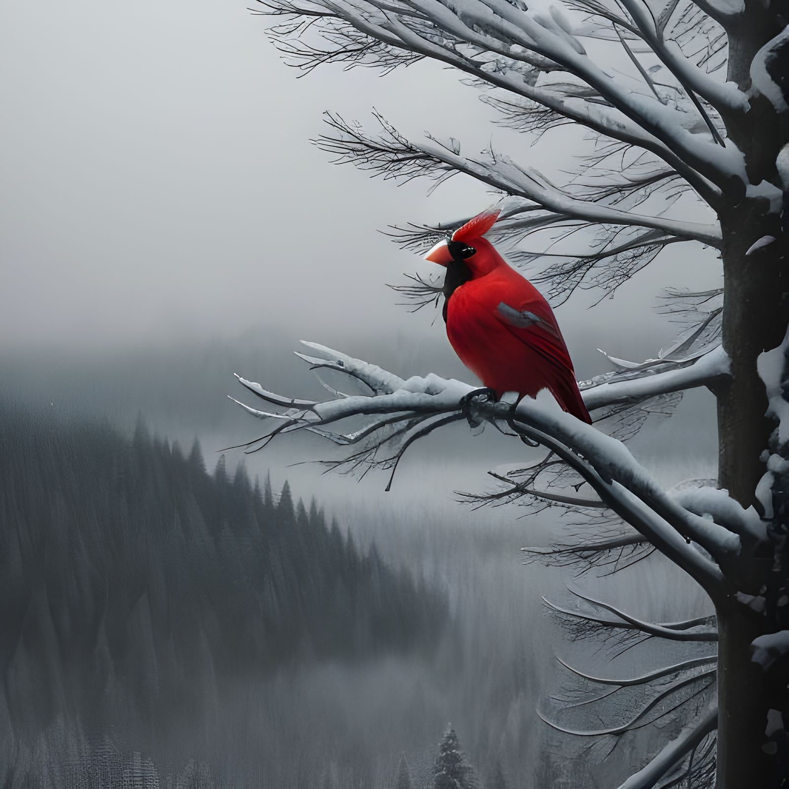 Snowy Valley Scene with Red Cardinal Bird