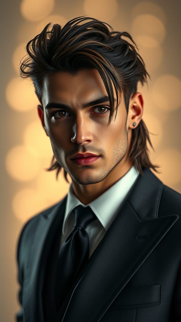 Spectacular Pop Singer in Bespoke Suit Against Creamy Backgr...