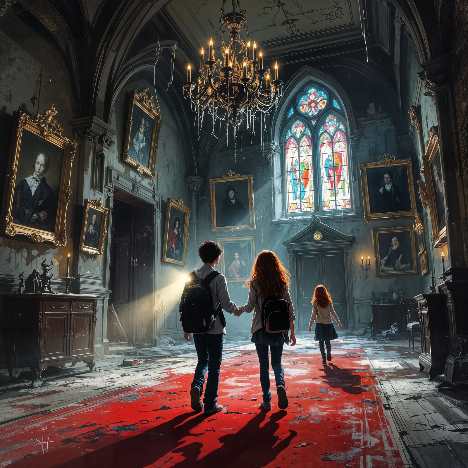 Teenagers Explore Haunted Gothic Ballroom