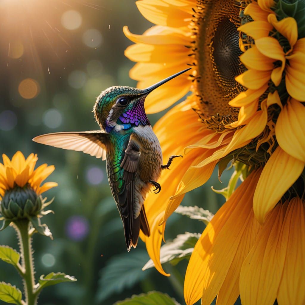 Whimsical Sunset Hummingbird on Sunflower in Dreamy Artistic...