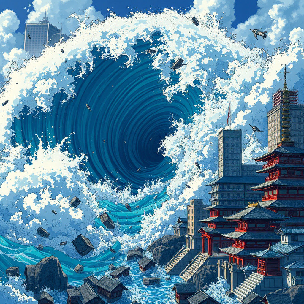 Tsunami Wave Crashes Cityscape in Anime Style
