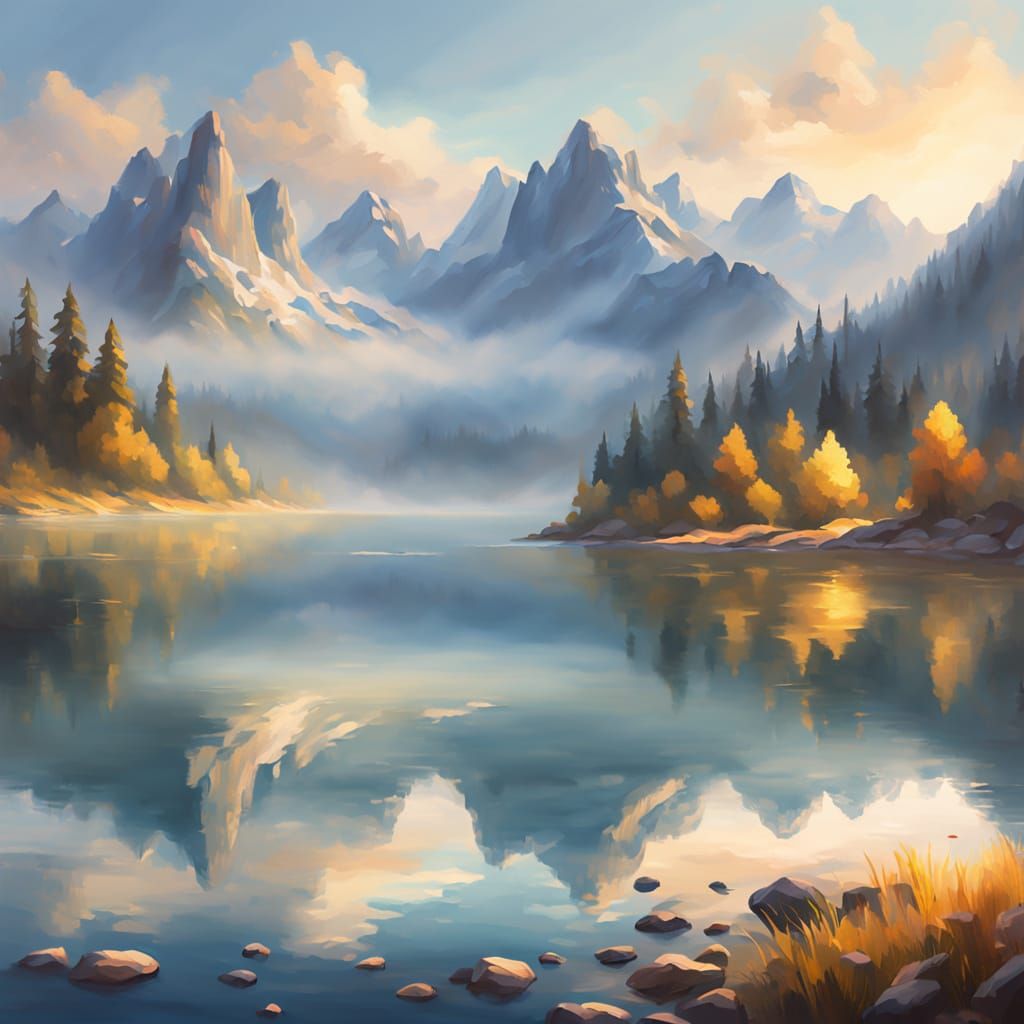 Majestic Mountains Meet Serene Lake in Dreamy, Ethereal Land...