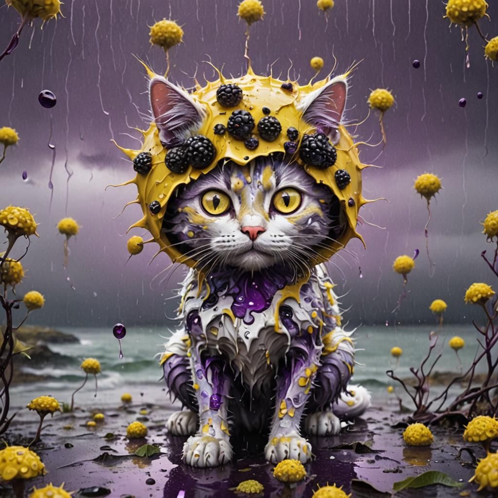 Surreal Rainy Blackberry Cat in Psychedelic Style