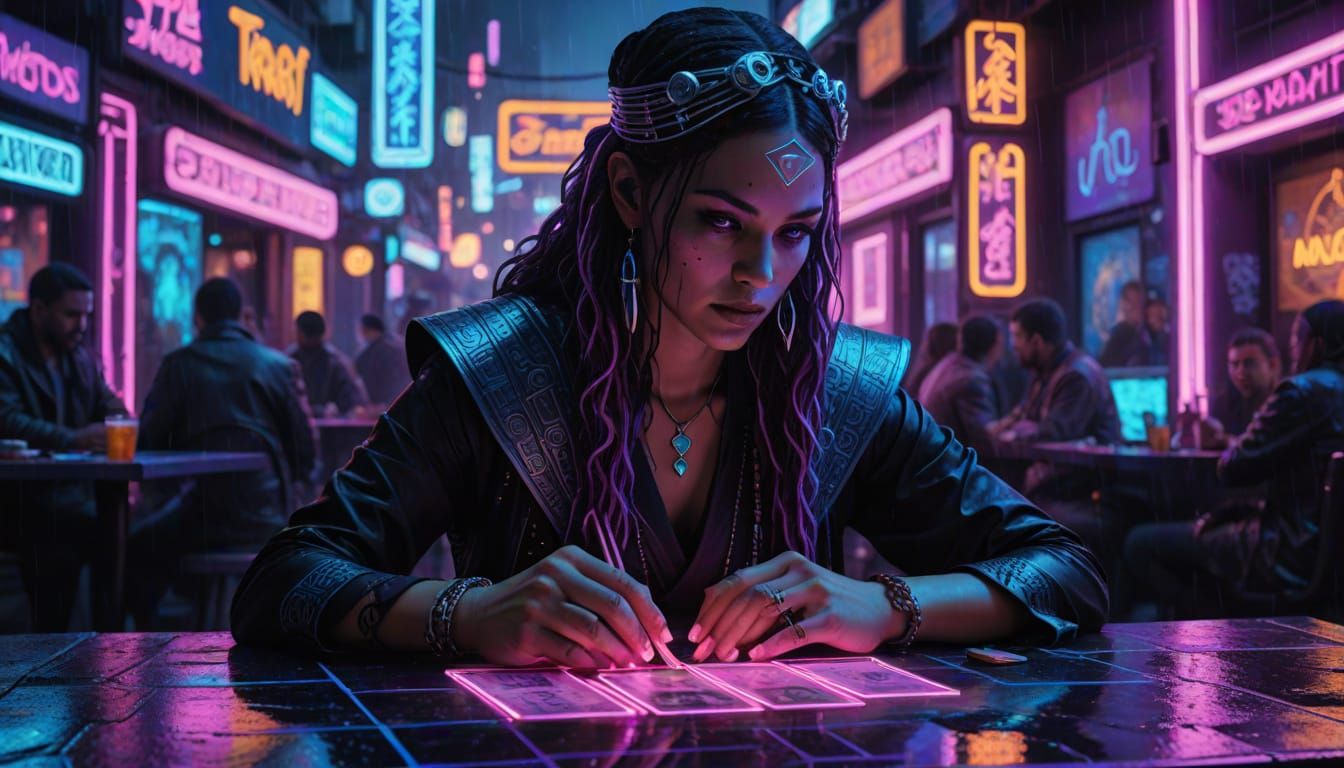 Cyberpunk Fortune Teller in Neon Noir Cityscape