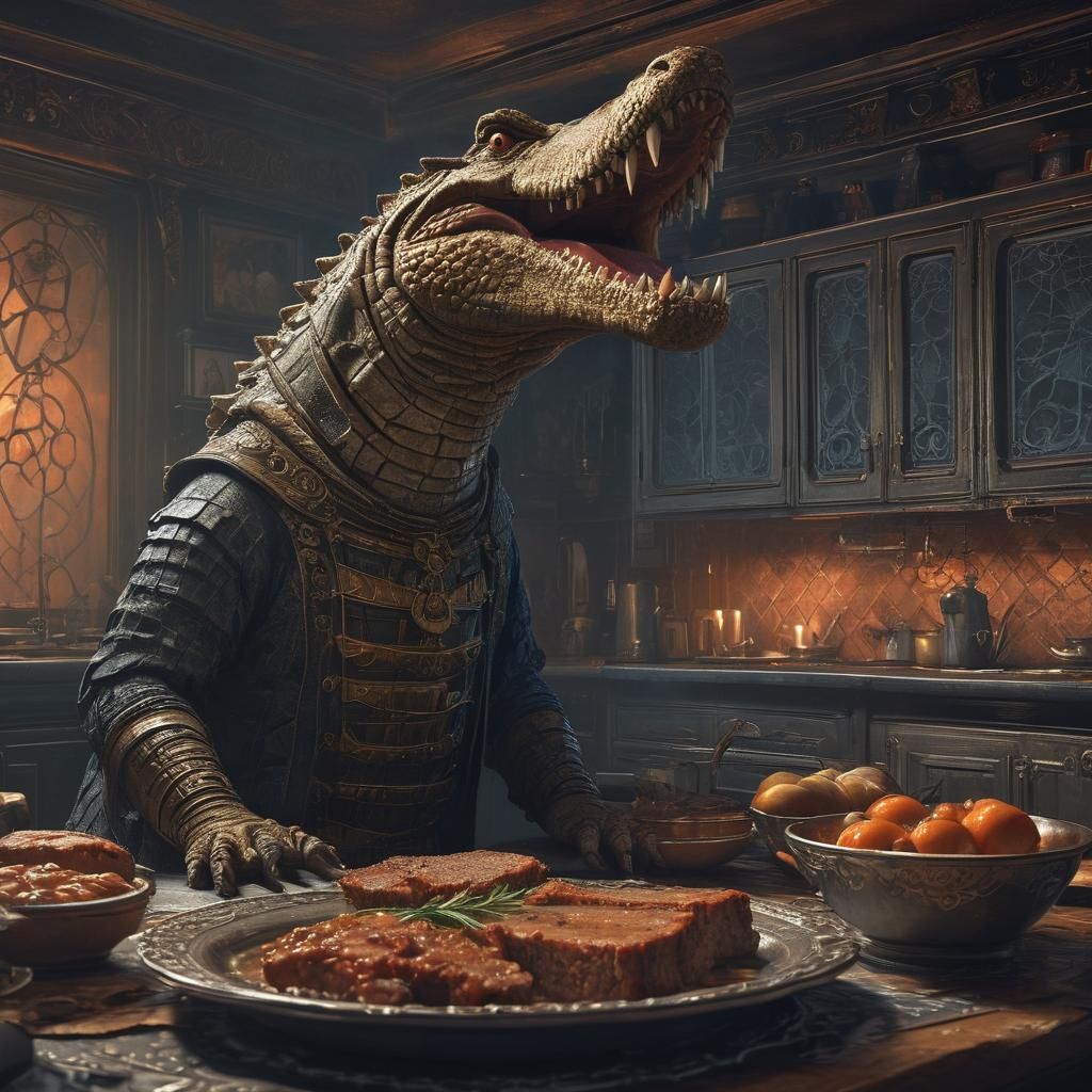 Catholic Crocodile Bishop Baking Meatloaf: Fantasy Concept A...