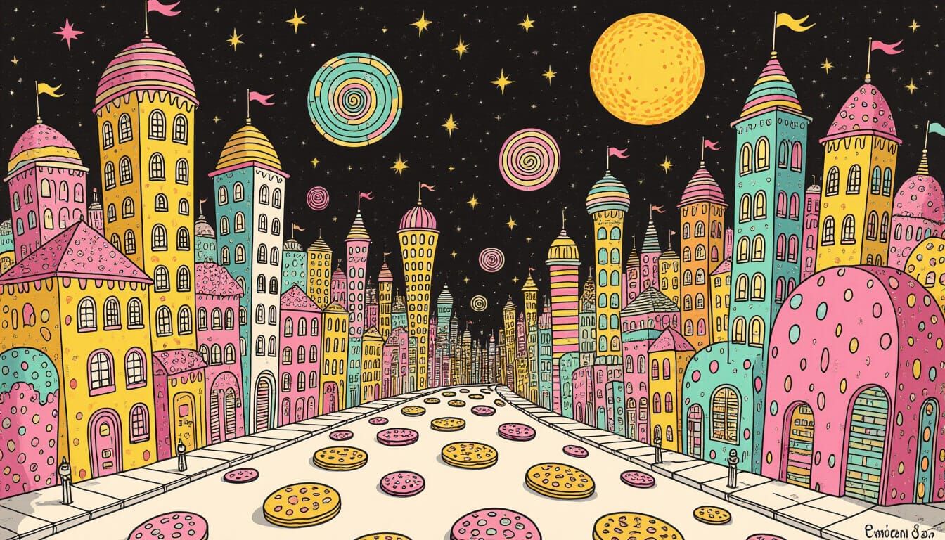 Psychedelic Candy Cityscape in Etched Line Drawing Style