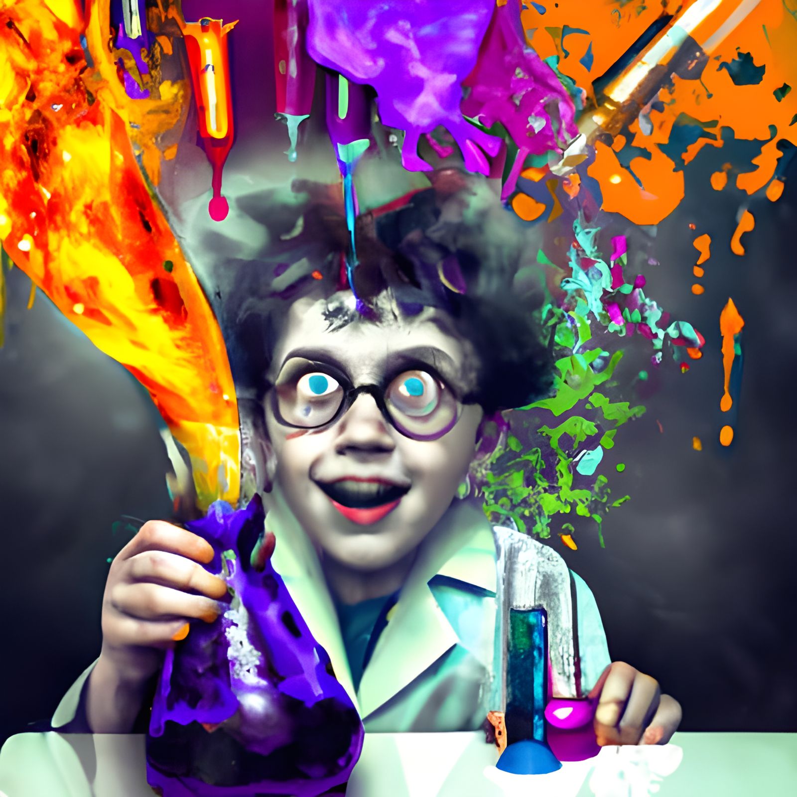 Hyperrealistic Baby Mad Scientist with Flying Potions